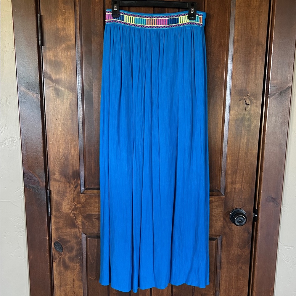 Fun & Flirt Vibrant Blue Maxi Skirt with Colorful Waistband